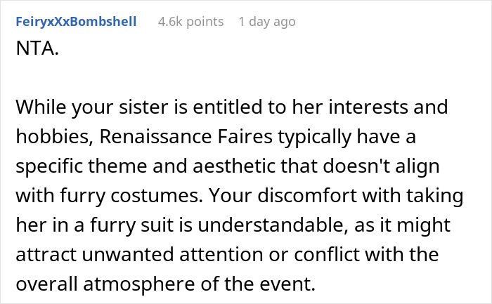 25YO Refuses To Take 12YO Sister To Renaissance Fair Because She Insists On Wearing Furry Outfit 25YO Refuses To Take 12YO Sister To Renaissance Fair Because She Insists On Wearing Furry Outfit
