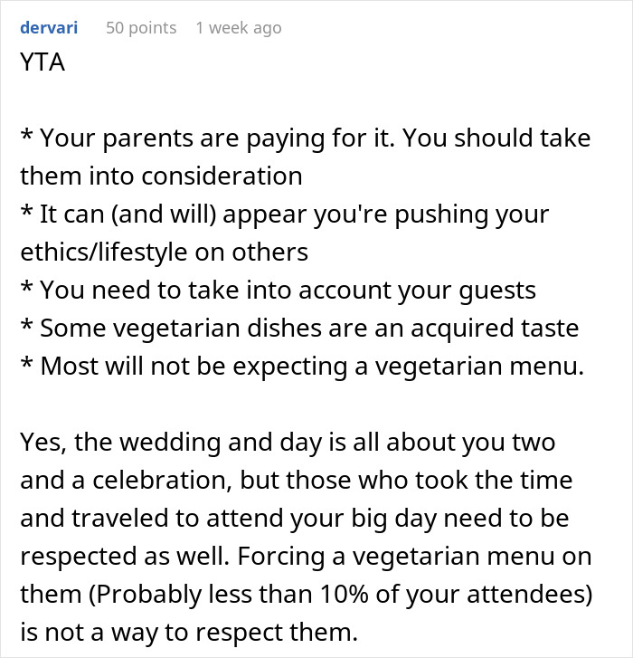 “Disrespectful”: Couple Called Out For Their Vegetarian Wedding Menu, Ask Who’s In The Wrong “Disrespectful”: Couple Called Out For Their Vegetarian Wedding Menu, Ask Who’s In The Wrong
