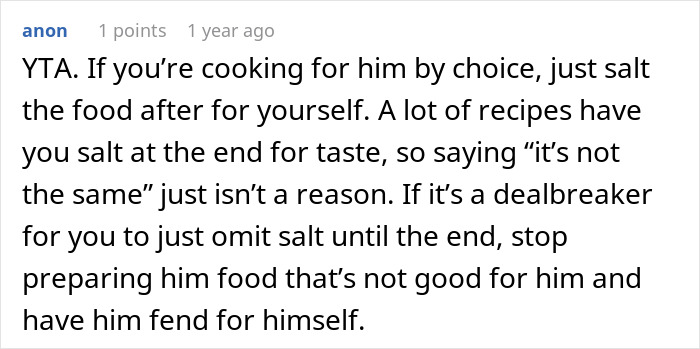 Woman Refuses To Cut Salt From Meals Completely Because Of BF’s Blood Pressure, He Turns “Salty” Woman Refuses To Cut Salt From Meals Completely Because Of BF’s Blood Pressure, He Turns “Salty”