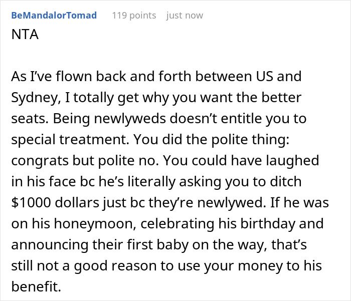 Premium Seat Passenger Asks For $1000 To Swap Seats With Honeymooner’s Wife In Economy Premium Seat Passenger Asks For $1000 To Swap Seats With Honeymooner’s Wife In Economy