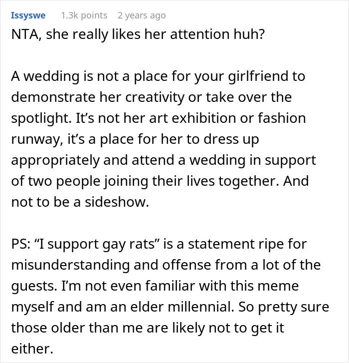Woman Won't Change Her Mind About Wearing "I Support Gay Rats" Dress To Wedding, Ends Up Single Woman Won't Change Her Mind About Wearing "I Support Gay Rats" Dress To Wedding, Ends Up Single