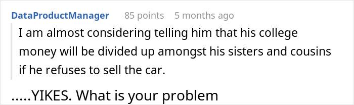 Mom Forces Son To Sell A Car He Inherited From Grandpa To Share With Family, Gets A Reality Check Mom Forces Son To Sell A Car He Inherited From Grandpa To Share With Family, Gets A Reality Check