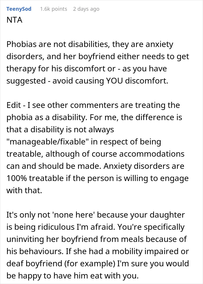 “AITA If I Asked My Daughter’s Deipnophobic Boyfriend Not To Come Over When We Are Eating?” “AITA If I Asked My Daughter’s Deipnophobic Boyfriend Not To Come Over When We Are Eating?”