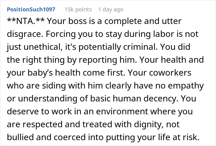 Woman Reports Boss To HR After He Forces Her To Go To Meeting During Labor, Coworkers Hate Her Woman Reports Boss To HR After He Forces Her To Go To Meeting During Labor, Coworkers Hate Her