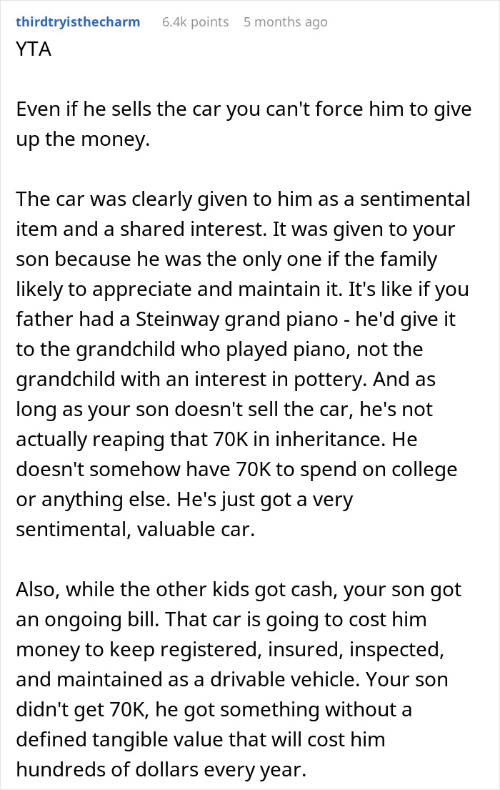Mom Forces Son To Sell A Car He Inherited From Grandpa To Share With Family, Gets A Reality Check Mom Forces Son To Sell A Car He Inherited From Grandpa To Share With Family, Gets A Reality Check