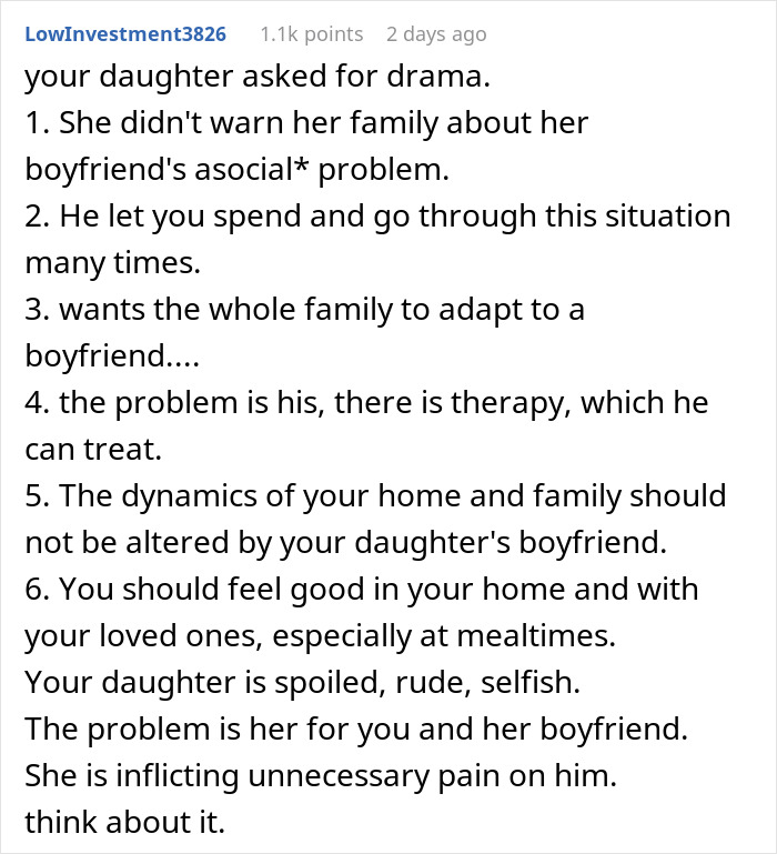 “AITA If I Asked My Daughter’s Deipnophobic Boyfriend Not To Come Over When We Are Eating?” “AITA If I Asked My Daughter’s Deipnophobic Boyfriend Not To Come Over When We Are Eating?”