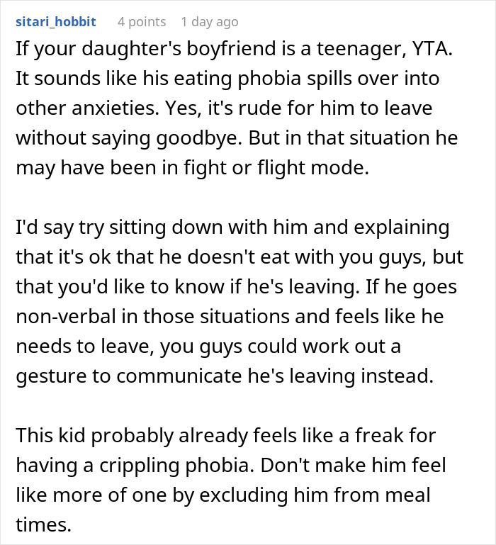 “AITA If I Asked My Daughter’s Deipnophobic Boyfriend Not To Come Over When We Are Eating?” “AITA If I Asked My Daughter’s Deipnophobic Boyfriend Not To Come Over When We Are Eating?”