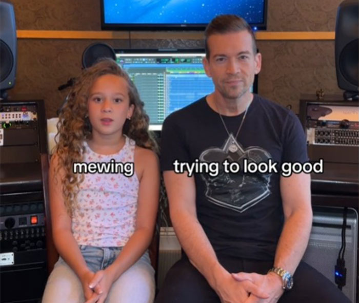 Dad and daughter in a music studio, discussing Gen Alpha slang with playful expressions. Dad and daughter in a music studio, discussing Gen Alpha slang with playful expressions.