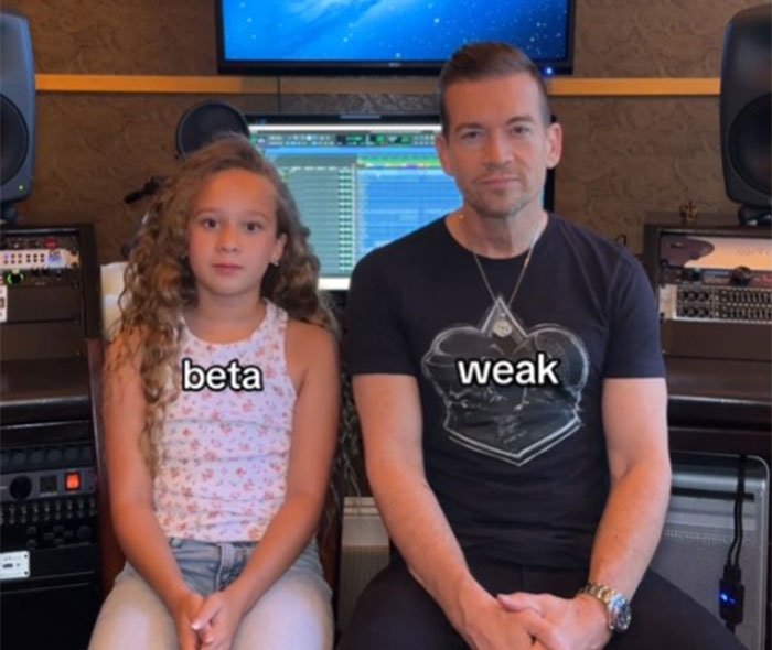 Father learning Gen Alpha slang from daughter in a recording studio setting. Father learning Gen Alpha slang from daughter in a recording studio setting.