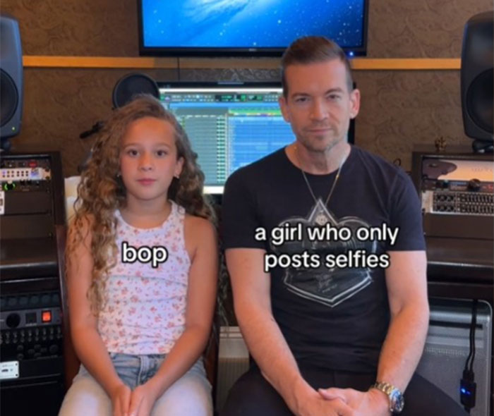 Dad learning Gen Alpha slang from daughter in recording studio, text reads "bop" and "a girl who only posts selfies. Dad learning Gen Alpha slang from daughter in recording studio, text reads "bop" and "a girl who only posts selfies.