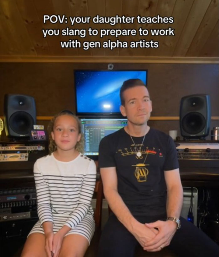 Father and daughter in recording studio learning slang for Gen Alpha. Father and daughter in recording studio learning slang for Gen Alpha.