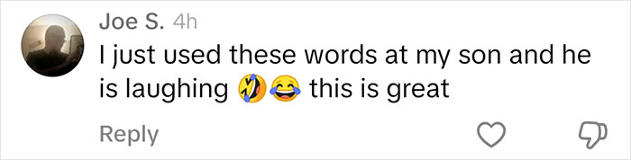 Comment by Joe S. about using slang with son, includes laughing emojis. Comment by Joe S. about using slang with son, includes laughing emojis.