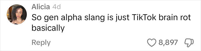 Comment about Gen Alpha slang and TikTok with 8,897 likes. Comment about Gen Alpha slang and TikTok with 8,897 likes.