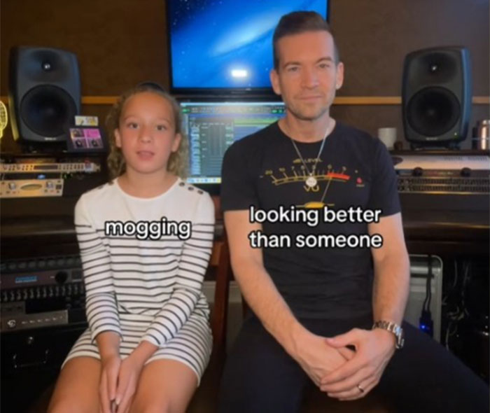 Father and daughter in a studio discussing Gen Alpha slang. Father and daughter in a studio discussing Gen Alpha slang.