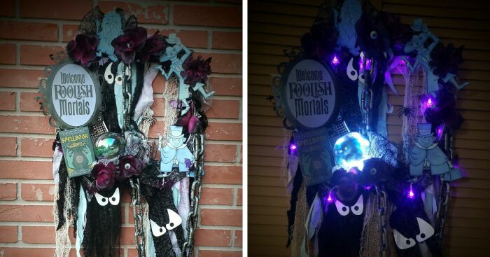 I Made A Haunted Mansion Wreath With Hitchhiking Ghosts, Madam Leota Crystal Ball, A Welcome Foolish Mortals Sign, And Many More (13 Pics)