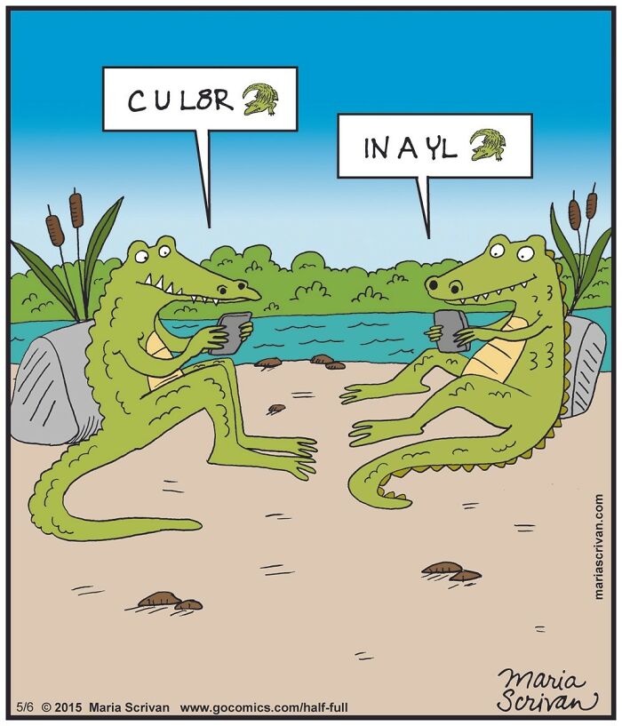 Two cartoon alligators using phones with captions, a humorous comic featuring funny characters and absurd situations.