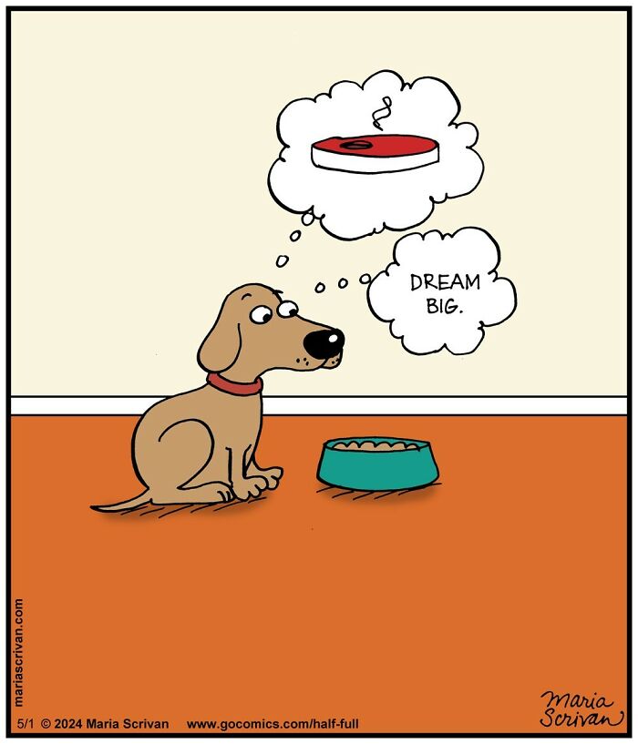 Cartoon dog with funny character dreaming of a steak and thinking "Dream Big" in an absurd comic scene.
