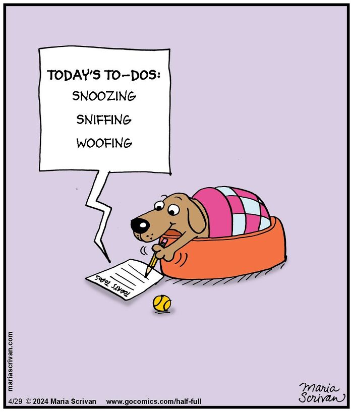 Funny comic featuring a dog with a to-do list, highlighting humorous characters and absurd situations by the artist.