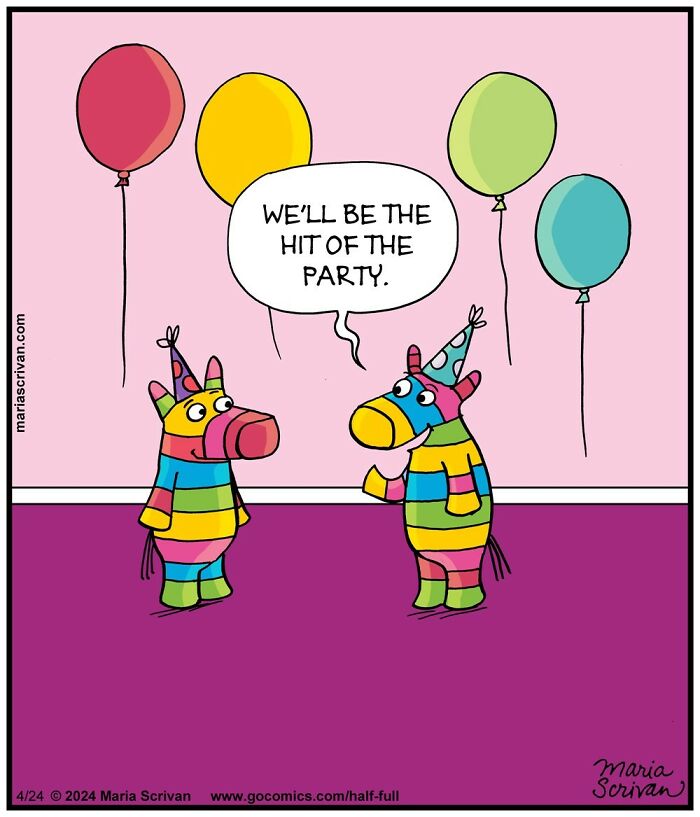 Two colorful piñata characters wearing party hats with balloons saying we'll be the hit of the party in a funny comic scene.