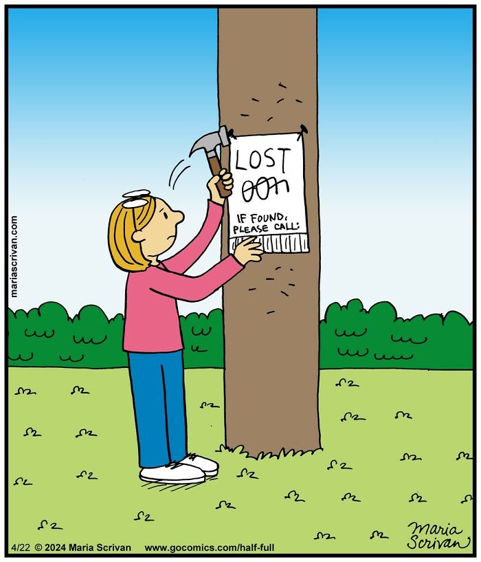 Cartoon showing a funny character nailing a lost pet sign with absurd humor in a colorful outdoor comic scene.