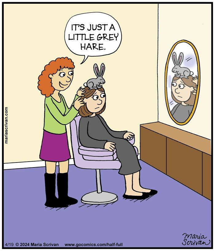 Cartoon showing funny characters with a grey hare on a woman’s head in an absurd comic situation by artist Maria Scrivan.