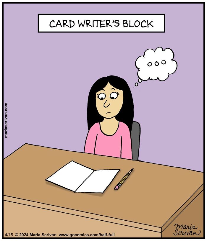 Hilarious comic of a woman facing writer’s block, featuring funny characters and absurd situations by Maria Scrivan.