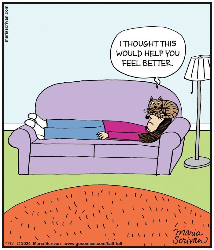 Comic panel with a funny character lying on a couch and a cat on their head in an absurd situation.