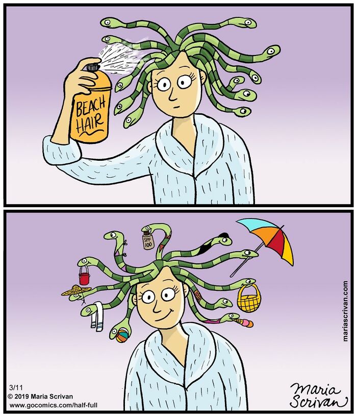Comic of a funny character with snake hair using beach hair spray, then accessorizing snakes with summer items in absurd situations.