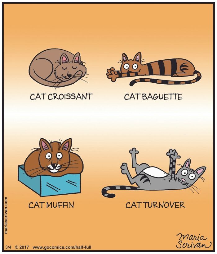 Funny comic featuring amusing cat characters in absurd situations with playful puns like cat croissant and cat turnover.