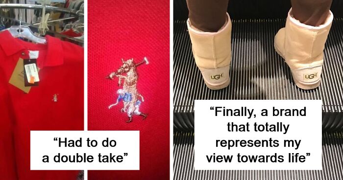 Red shirt with a misspelled polo horse logo and beige boots labeled UGH showing hilariously bad brand rip-offs.