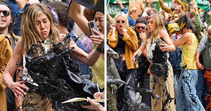 Jennifer Aniston Gets Drenched In Black Oil While Filming “The Morning Show”