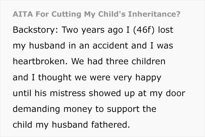 Widow Cuts Her Child’s Inheritance After Finding Out Her Husband Had A Mistress And Secret Kid Widow Cuts Her Child’s Inheritance After Finding Out Her Husband Had A Mistress And Secret Kid