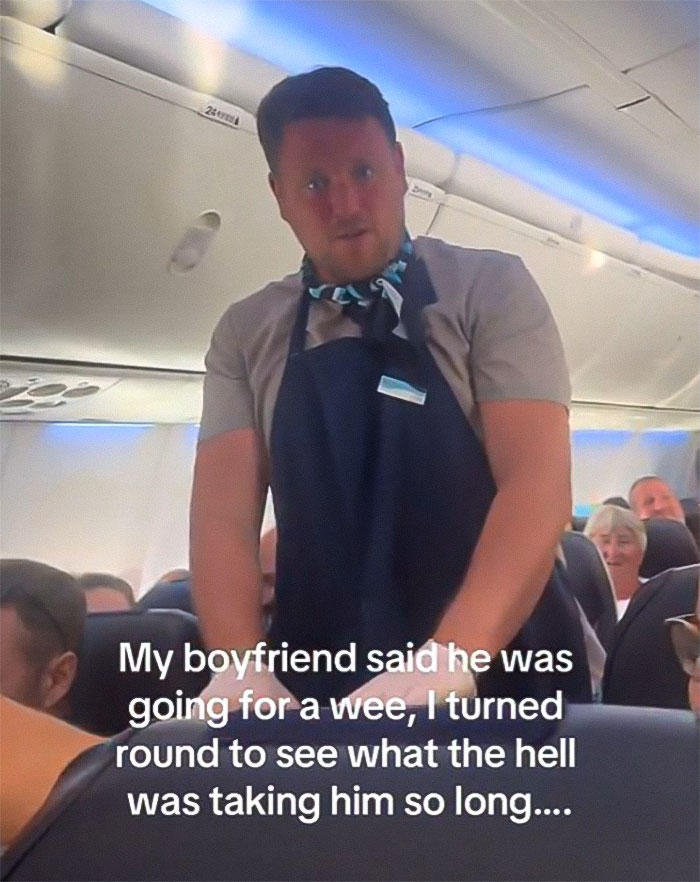 Woman Baffled To See Flight Attendant Is Her Boyfriend After He Got Up To Use The Restroom Woman Baffled To See Flight Attendant Is Her Boyfriend After He Got Up To Use The Restroom