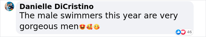 Comment on male swimmers, describing them as attractive, with emojis expressing admiration. Comment on male swimmers, describing them as attractive, with emojis expressing admiration.