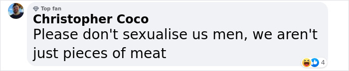 Comment addressing male objectification related to Thomas Ceccon wardrobe incident. Comment addressing male objectification related to Thomas Ceccon wardrobe incident.