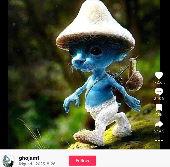 A viral TikTok post by user ghojam1 featuring a realistic Smurf Cat, a small blue creature with a mushroom cap hat, walking on a mossy forest floor with a snail on its shoulder. A viral TikTok post by user ghojam1 featuring a realistic Smurf Cat, a small blue creature with a mushroom cap hat, walking on a mossy forest floor with a snail on its shoulder.