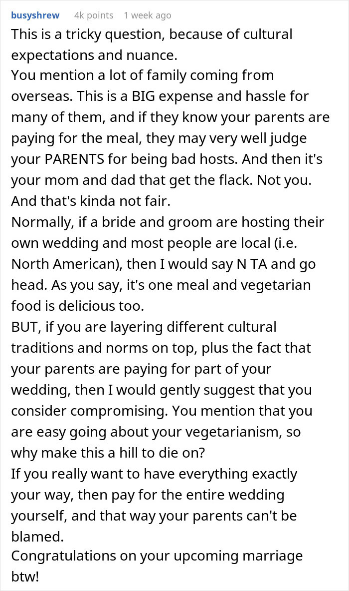 “Disrespectful”: Couple Called Out For Their Vegetarian Wedding Menu, Ask Who’s In The Wrong “Disrespectful”: Couple Called Out For Their Vegetarian Wedding Menu, Ask Who’s In The Wrong