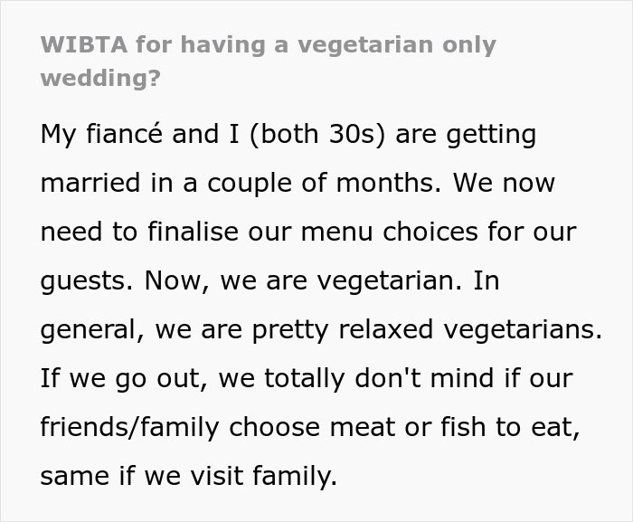 “Disrespectful”: Couple Called Out For Their Vegetarian Wedding Menu, Ask Who’s In The Wrong “Disrespectful”: Couple Called Out For Their Vegetarian Wedding Menu, Ask Who’s In The Wrong