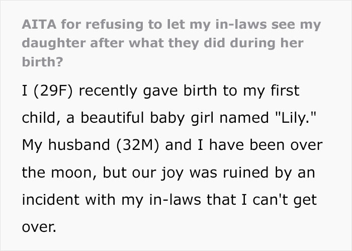 "AITA For Refusing To Let My In-Laws See My Daughter After What They Did During Her Birth?": Mom Shares Story "AITA For Refusing To Let My In-Laws See My Daughter After What They Did During Her Birth?": Mom Shares Story