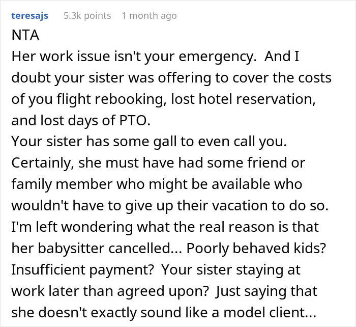 Sister Shocked When Woman Refuses To Cancel Fully Paid Vacation To Babysit Last-Minute Sister Shocked When Woman Refuses To Cancel Fully Paid Vacation To Babysit Last-Minute