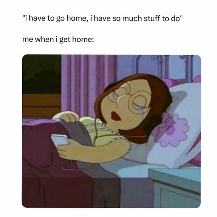 Cartoon character lying in bed with headphones and phone, illustrating hilarious and relatable memes about having too much work.