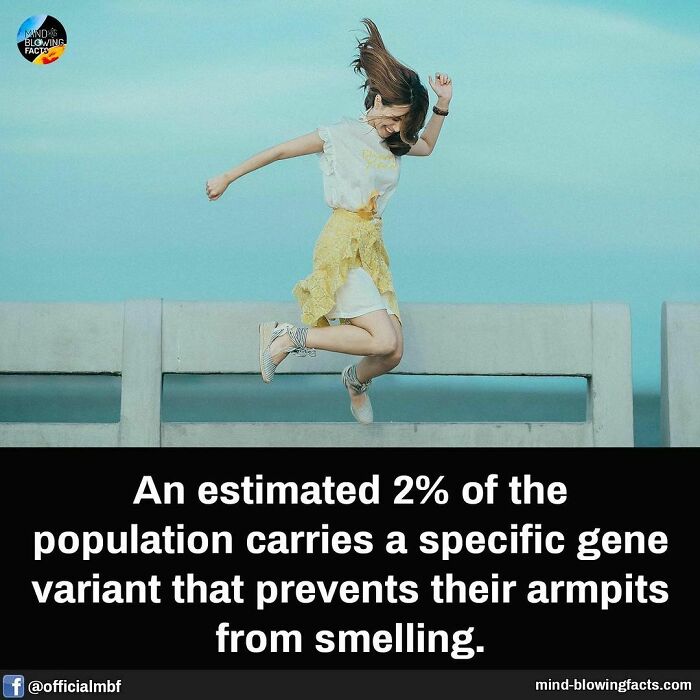 Young woman jumping with joy outdoors illustrating mind-blowing facts about rare genetic traits and armpit smell prevention.