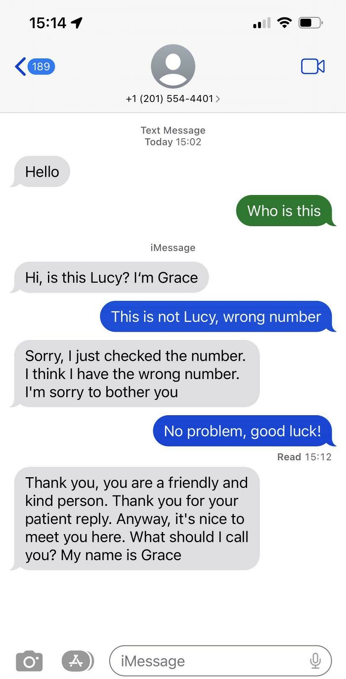 Funny wrong number text exchange with stranger mistakenly contacting someone named Lucy.