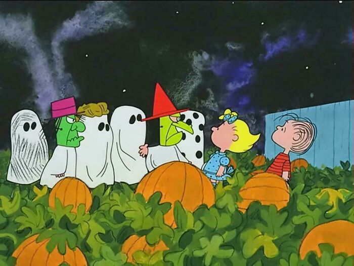 Classic Halloween cartoon scene with characters in costumes among pumpkins, evoking nostalgia and creaking joints memories.