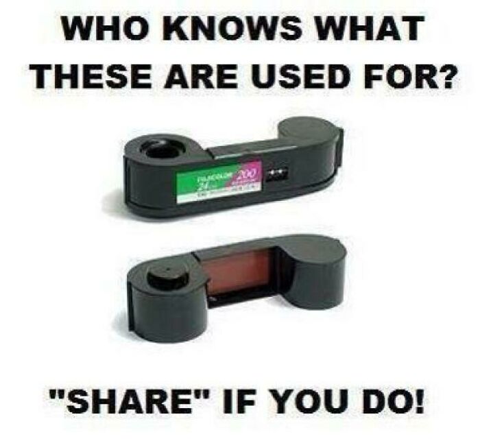 Black vintage camera film rewinders shown with text asking who knows their use, relating to nostalgia and creaking joints memories.