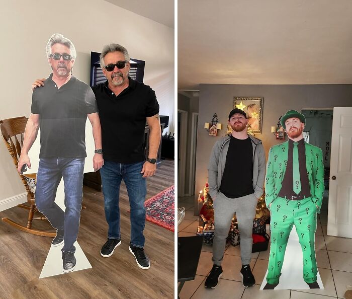 Two men each posing next to life-size cardboard cutouts of themselves, showcasing weird Amazon finds. Two men each posing next to life-size cardboard cutouts of themselves, showcasing weird Amazon finds.