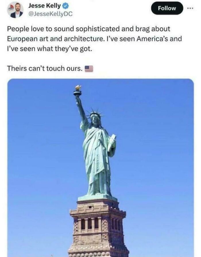 Overly confident statement about European and American architecture with the Statue of Liberty pictured.
