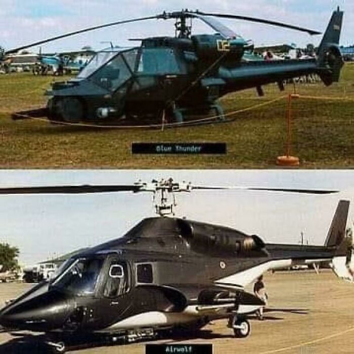 Two vintage helicopters displayed on grass and pavement, likely part of items reminding you of creaking joints nostalgia.