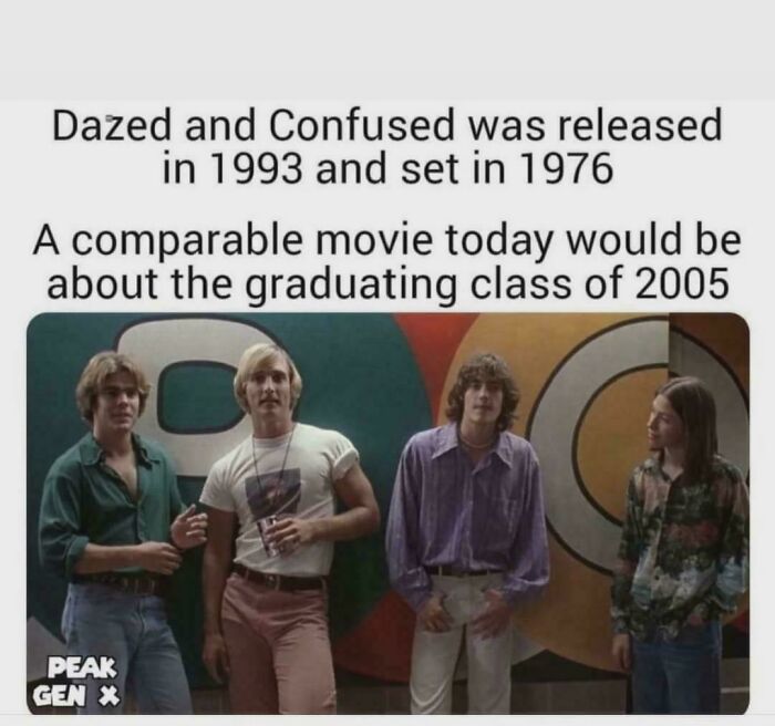 Scene from Dazed and Confused with text about movie release dates, relating to nostalgia and creaking joints memories.