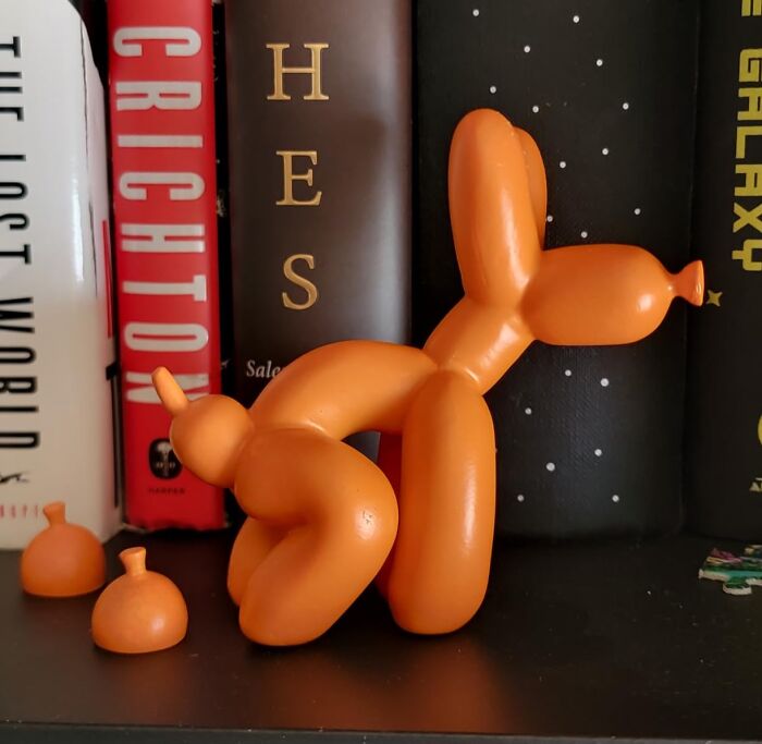 Orange balloon dog figurine with detached tails on a shelf among books, showcasing weird Amazon picks. Orange balloon dog figurine with detached tails on a shelf among books, showcasing weird Amazon picks.